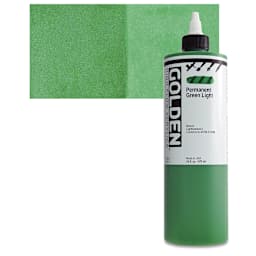 Golden High Flow Acrylic Paint - Permanent Green Light, 16 oz bottle and swatch