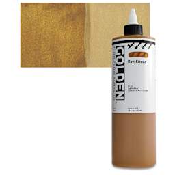Golden High Flow Acrylic Paint - Raw Sienna, 16 oz bottle and swatch