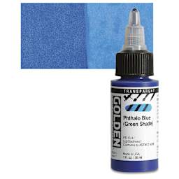 Golden High Flow Acrylic Paint - Transparent Phthalo Blue (Green Shade), 1 oz bottle and swatch