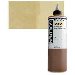 Golden High Flow Acrylic Paint - Transparent Yellow Iron Oxide, 16 oz bottle and swatch