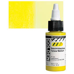 Golden High Flow Acrylic Paint - Transparent Benzimidazolone Yellow Medium, 1 oz bottle and swatch