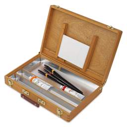Utrecht Wooden Acrylic Paint Box, open with paint tubes and brushes, supplies not included