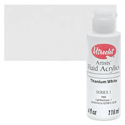 Utrecht Fluid Acrylics - Titanium White, 4 oz bottle and swatch