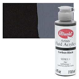 Utrecht Fluid Acrylics - Carbon Black, 4 oz bottle and swatch