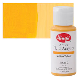 Utrecht Fluid Acrylic Paint - Indian Yellow, 1 oz bottle and swatch