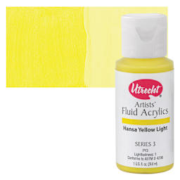 Utrecht Fluid Acrylics - Hansa Yellow Light, 1 oz bottle and swatch