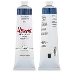 Utrecht Artists' Acrylic Paint - Prussian Blue Hue, 5 oz Tube, front and back of tube