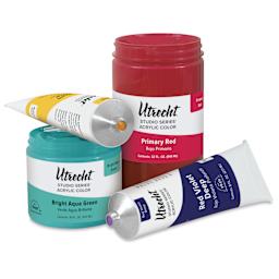 Utrecht Studio Series Acrylic Paints shown in a variety of colors and sizes.