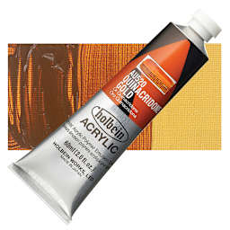 Holbein Heavy Body Artist Acrylic Paint - Quinacridone Gold, 60 ml tube and swatch