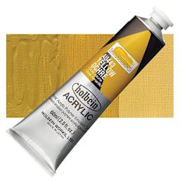Holbein Heavy Body Artist Acrylic Paint - Yellow Ochre, 60 ml tube and swatch