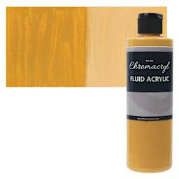 Chromacryl Fluid Acrylic - Yellow Oxide, 250 ml bottle and swatch