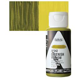Holbein Fluid Acrylic Paint - Greenish Yellow, 35 ml Bottle and swatch