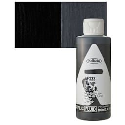 Holbein Fluid Acrylic Paint - Lamp Black, 100 ml Bottle and swatch