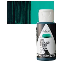Holbein Fluid Acrylic Paint - Phthalo Green, 35 ml Bottle and swatch