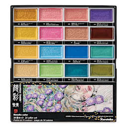 Front of the package for Kuretake Gansai Tambi Watercolor Pans - Set of 24, Metallic 2 Colors