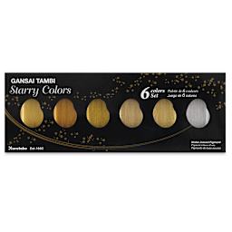 Kuretake Gansai Tambi Watercolor Paint Pan - Set of 6, Starry Colors. Front of package.