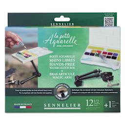 Sennelier La Petite Aquarelle Watercolor Half Pan Hands-Free Set - Set of 12 with Magic Arm, Assorted Colors front of package