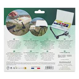 Sennelier La Petite Aquarelle Watercolor Half Pan Hands-Free Set - Set of 12 with Magic Arm, Assorted Colors back of package