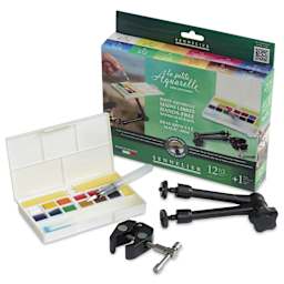 Sennelier La Petite Aquarelle Watercolor Half Pan Hands-Free Set - Set of 12 with Magic Arm, Assorted Colors