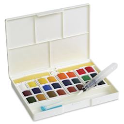 Sennelier La Petite Aquarelle Watercolor Half Pan Hands-Free Set - Set of 24 open to show pans