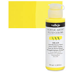 Vallejo Fluid Acrylic - Hansa Yellow Opaque, 100 ml and swatch