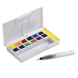 Derwent Inktense Paint Pan Set - Open palette of Travel set showing 12 colors, mini waterbrush, and sponge