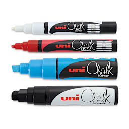 Uni Chalk Markers - 4 markers uncapped showing differnt nib sizes