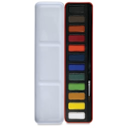 Reeves Watercolor Paint Pan Set - Set of 12 colors, includes brush open to show pans