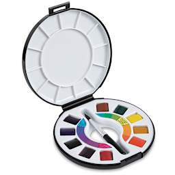 Raphaël Watercolor Travel Pan Set - Shown open with brush in storage slot
