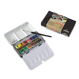 Rembrandt Watercolor Half Pan Set - 12 Mono Pigmented colors with tin, sable brush and package shown