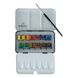 Rembrandt Watercolor Half Pan Set - 12 colors shown in open tin with included sable brush
