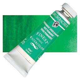 Grumbacher Finest Artists' Watercolor - Permanent Green, 14 ml tube and swatch