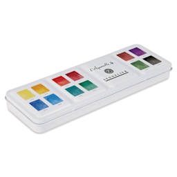 Sennelier French Artists' Watercolors - Set of 12, Granular, Half Pans side view of case