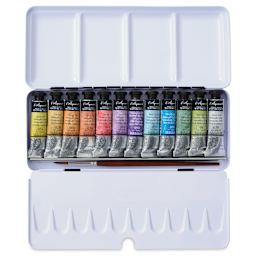 Sennelier French Artists' Watercolor Set - Iridescent, Metal Case, Set of 12 colors, 10 ml tubes (tin open to show contents)