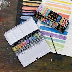 Sennelier French Artists' Watercolor Set - Iridescent, Metal Case, Set of 12 colors (set with color swatches)