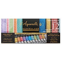 Sennelier French Artists' Watercolor Set - Iridescent, Metal Case, Set of 12 colors, 10 ml tubes (front of packaging)