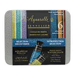 Sennelier French Artists' Watercolor Set - Iridescent, Metal Case, Set of 6 colors, 10 ml tubes (front of package)