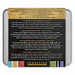 Sennelier French Artists' Watercolor Set - Iridescent Pastel, Metal Case, Set of 6 colors, 10 ml tubes (back of package)