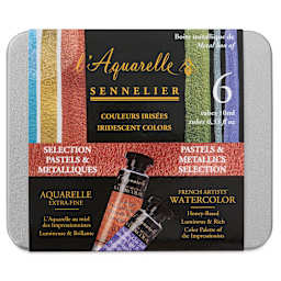 Sennelier French Artists' Watercolor Set - Iridescent Pastel, Metal Case, Set of 6 colors, 10 ml tubes (front of package)
