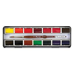 Sennelier French Artists' Watercolors - Set of 14, Metal Case, Full Pans with Precision Brush set contents