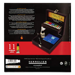 Sennelier French Artists' Watercolor Set - Black Wood Case, Set of 11 colors, back of package