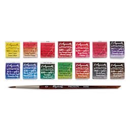 Sennelier French Artists' Watercolor Set - Travel, Set of 14 with Precision Brush, half pans close up of contents