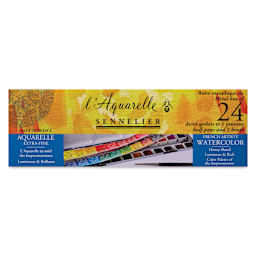 Sennelier French Artists' Watercolors - Set of 24, Metal Case, Half Pans, front of packaging