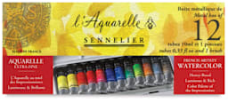 Sennelier French Artists' Watercolor Set - Metal Case, Set of 12 colors, 10 ml tubes front of package