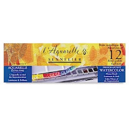 Sennelier French Artists' Watercolor Set - Metal Case, Set of 12 colors, half pans front of package