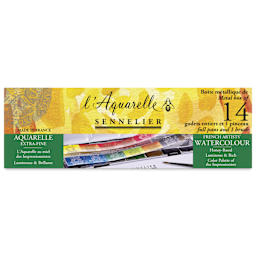 Sennelier French Artists' Watercolors - Set of 14, Metal Case, Half Pans, front of packaging