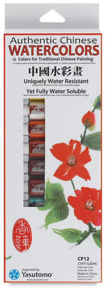 Yasutomo Authentic Chinese Watercolor Set - Set of 12 colors, 12 ml tubes, front of the packaging
