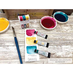 Daniel Smith Extra Fine Watercolor Summer Set tubes with painting tools and swatches