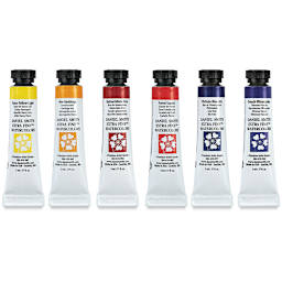 Daniel Smith Extra Fine Watercolors - Extra Fine Essentials Set of 6, 5 ml tubes. Row of tubes.