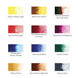 QoR Modern Watercolors - Set of 12, Introductory Colors, 5 ml Tubes, swatches